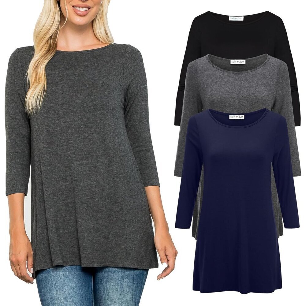 3 Pack Womens Tunic Tops Rayon Spandex Long Sleeve Casual Travel Work